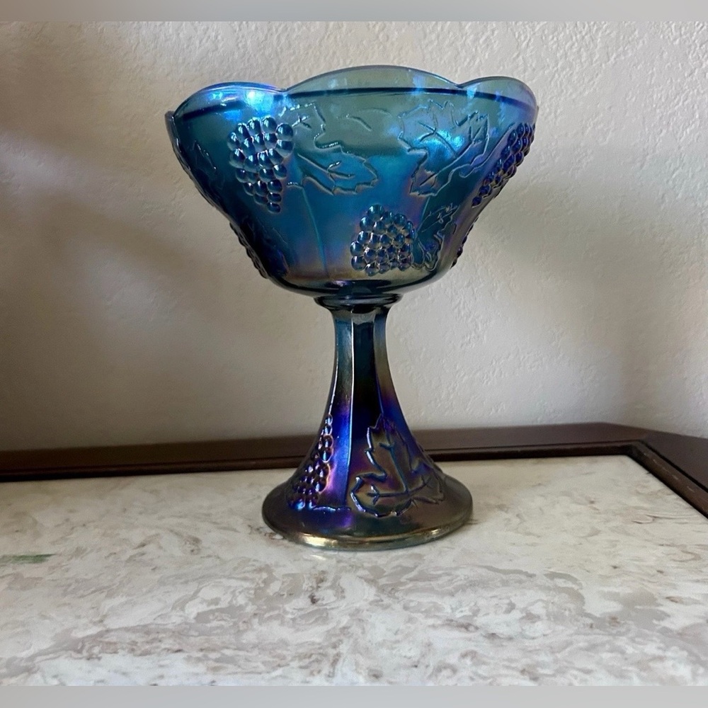 Vintage Indiana Colony Candy Dish Blue Harvest Grape Carnival Glass 8" No Lid